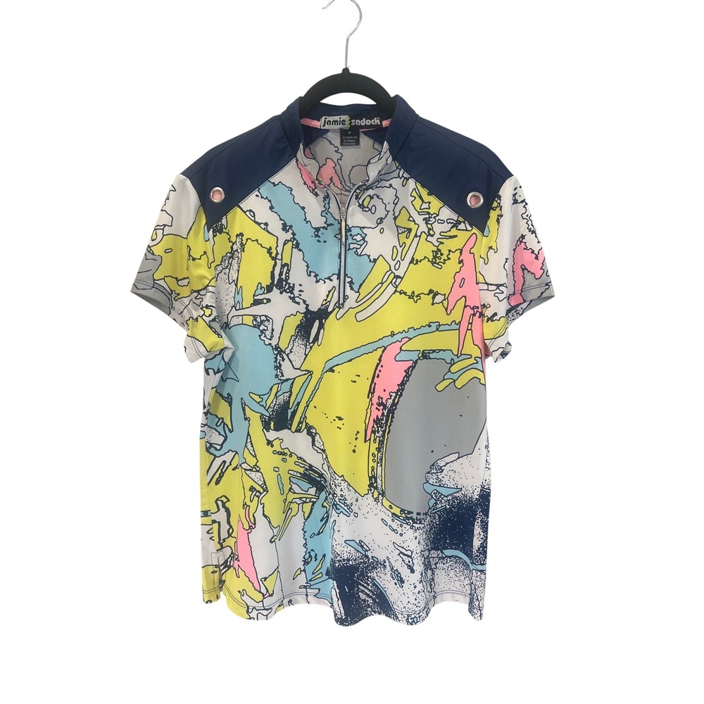 Jamie Sadock Women's Golf Polo Shirt Size M Abstract Print Zip Neck Short Sleeve